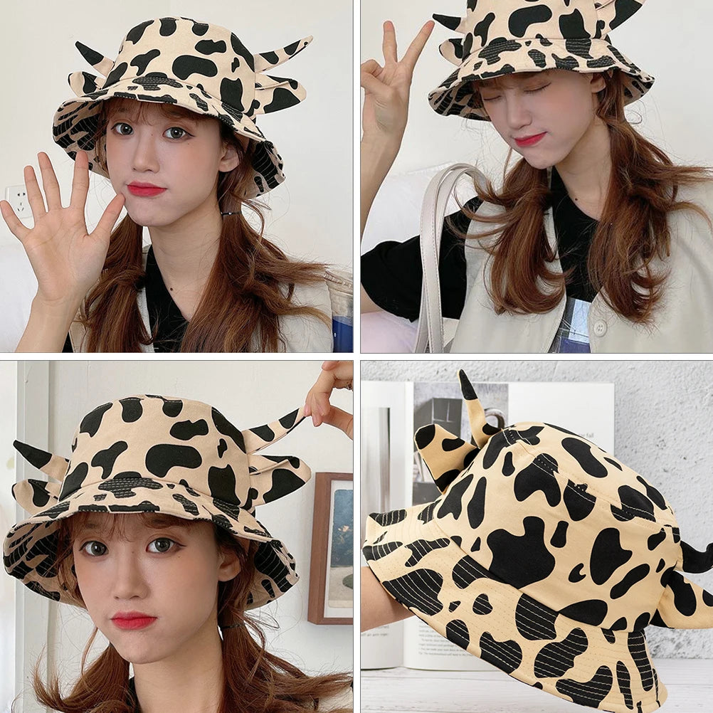 Cow Print Cow Horns Bucket Hat