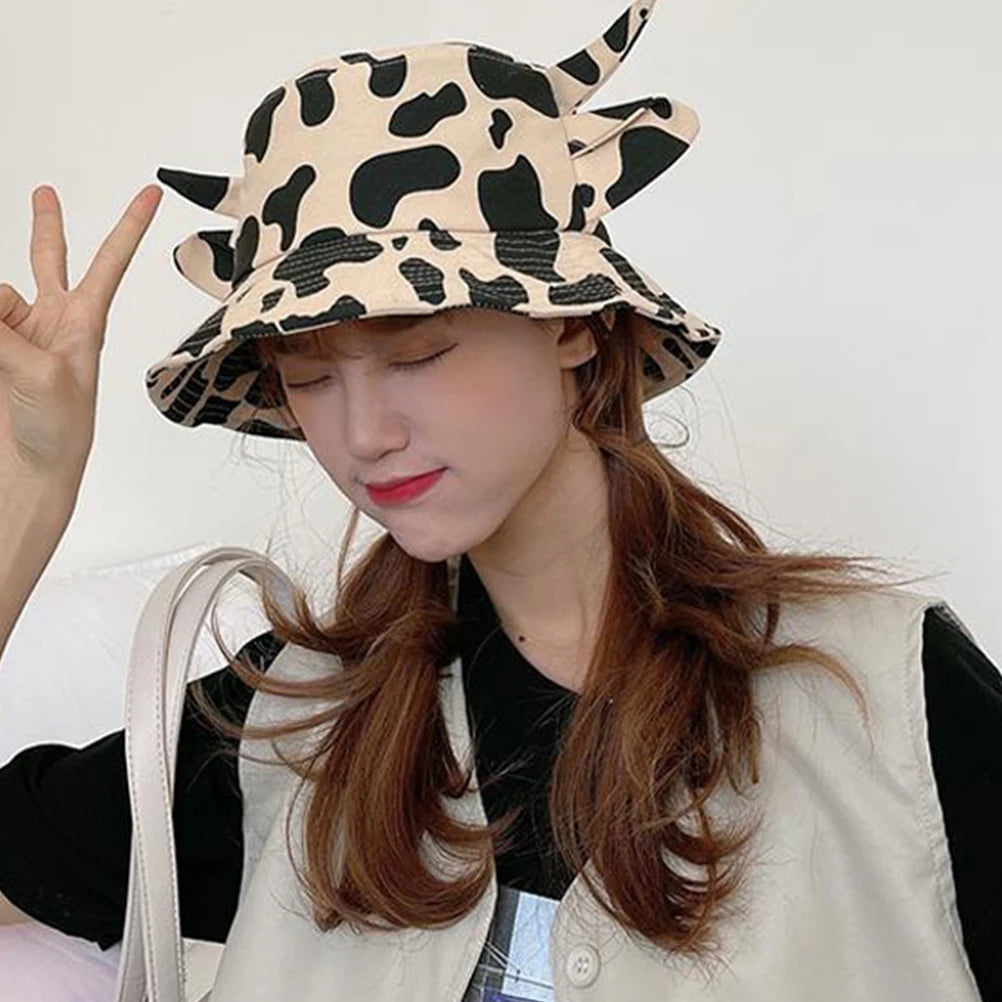 Cow Print Cow Horns Bucket Hat