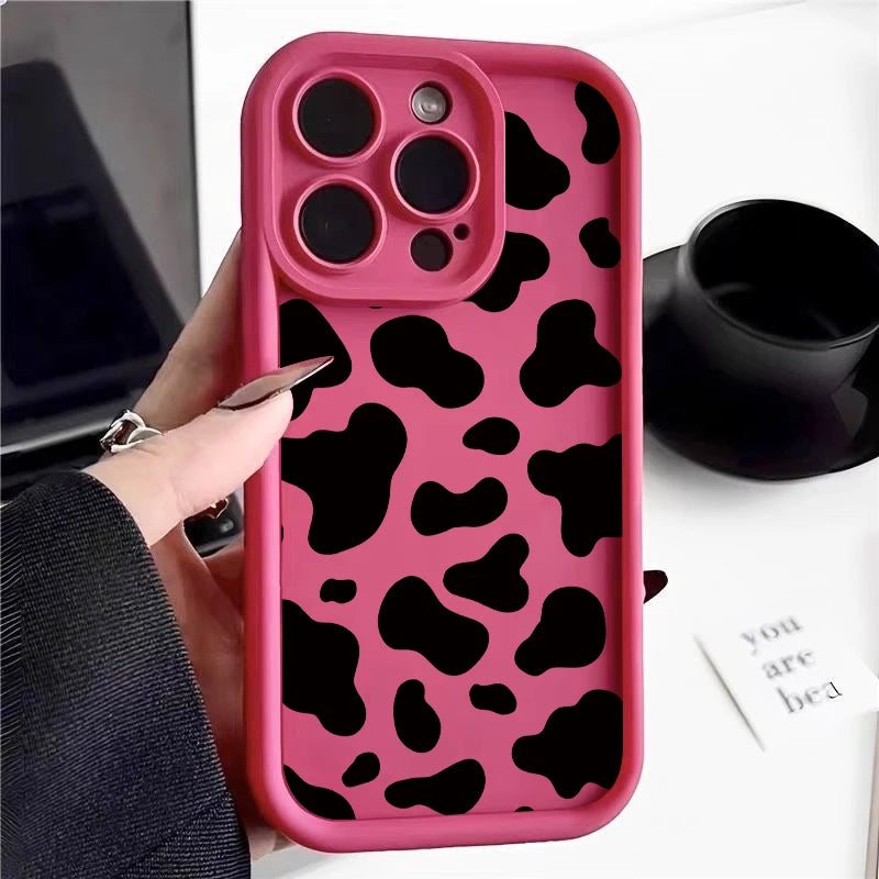 Blue and Pink Silicon Cow Print Case For iPhone 16e 16 15 14 13 12 11 Pro Max Plus XR XS 8 7