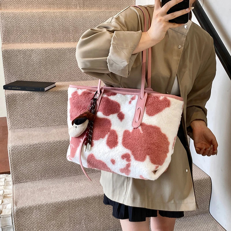 Cow Print Plush Shoulder Bag