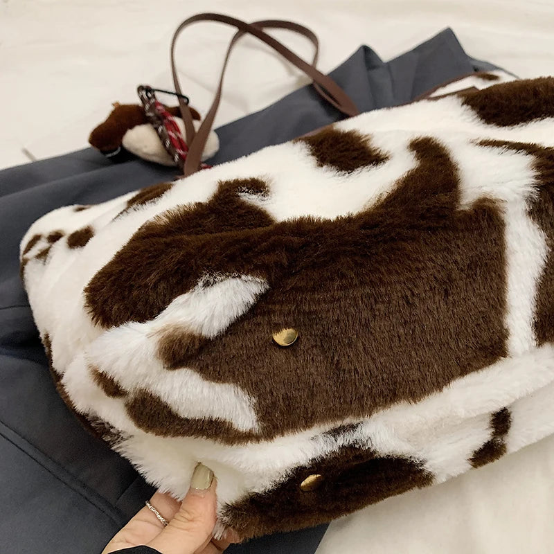 Cow Print Plush Shoulder Bag