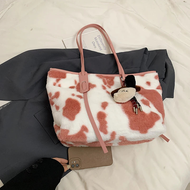 Cow Print Plush Shoulder Bag