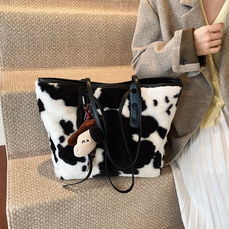 Cow Print Plush Shoulder Bag