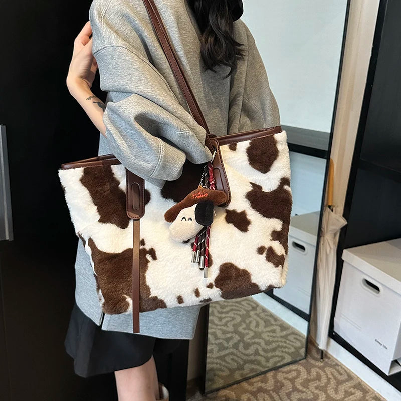 Cow Print Plush Shoulder Bag