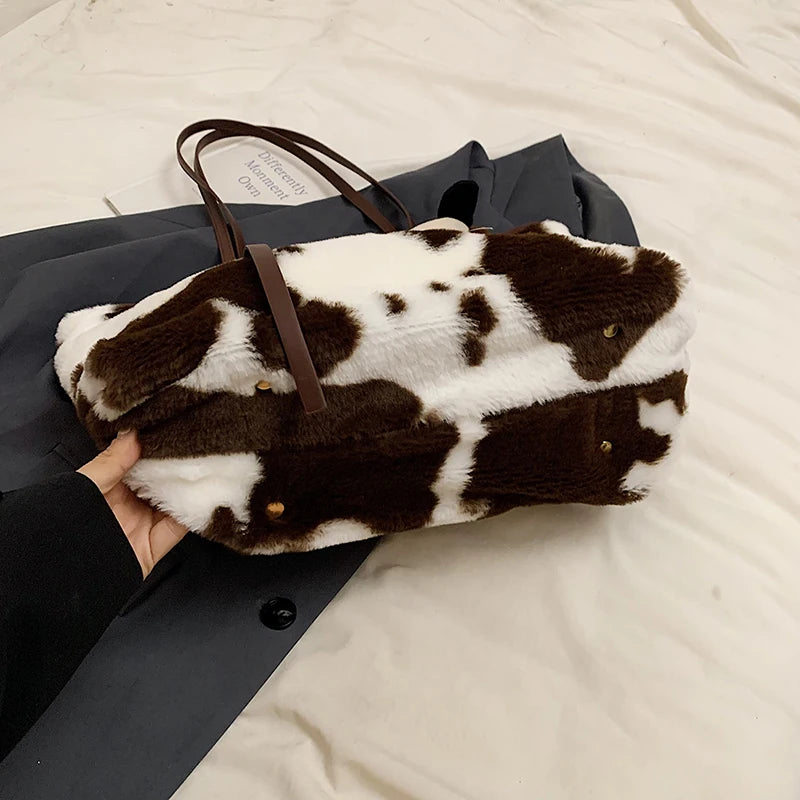 Cow Print Plush Shoulder Bag