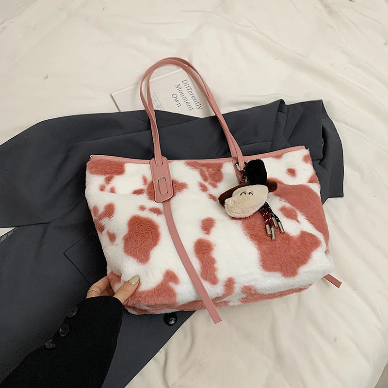 Cow Print Plush Shoulder Bag
