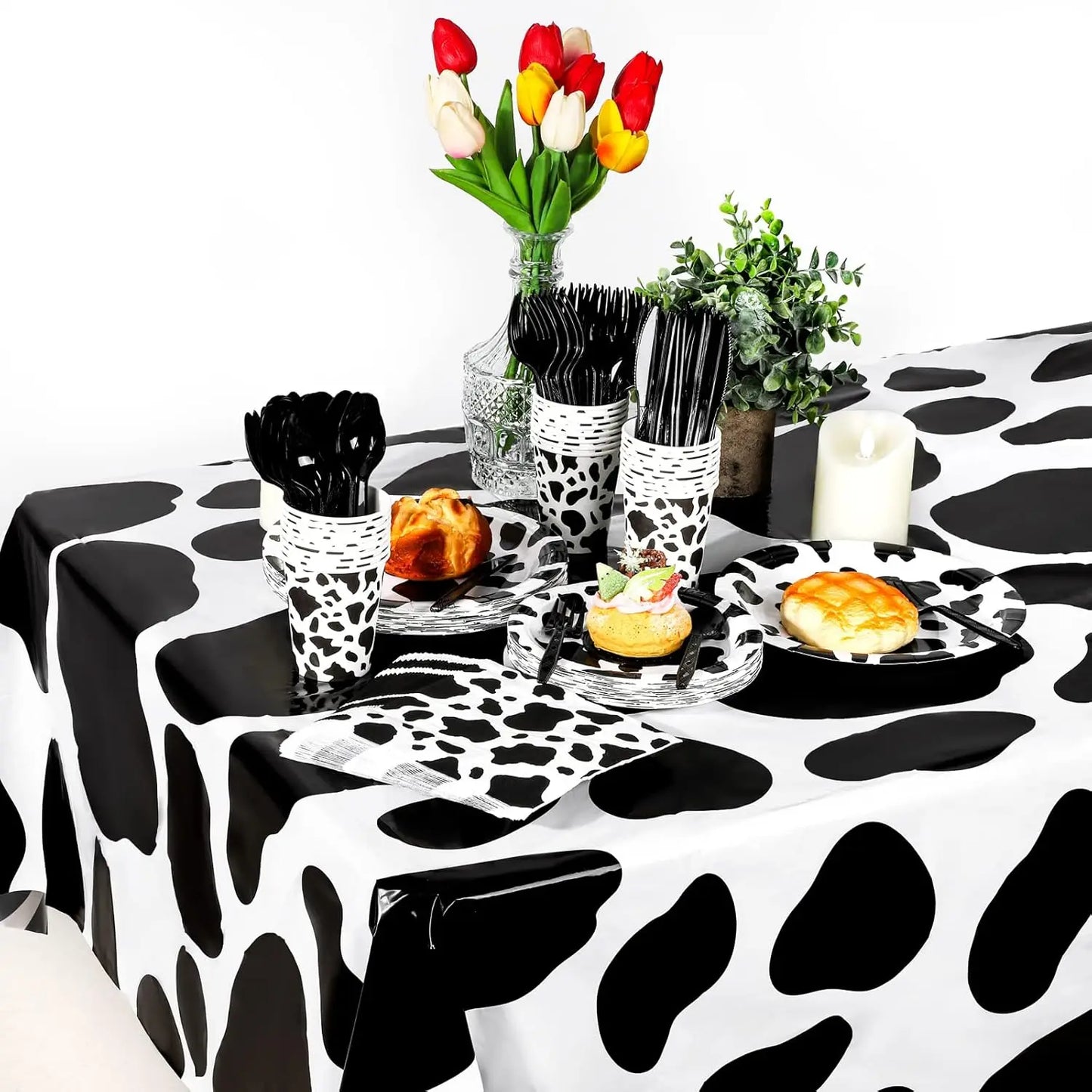 Cow Print Party Supplies Tableware Plates Cups Napkins Tablecloth for Farm Animal Cow Print Themed Birthday Party DIY Decoration