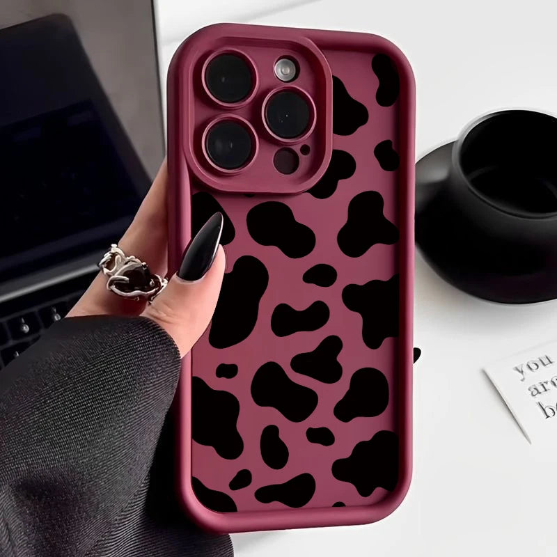 Blue and Pink Silicon Cow Print Case For iPhone 16e 16 15 14 13 12 11 Pro Max Plus XR XS 8 7