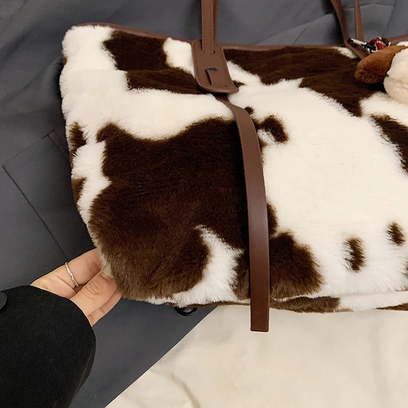 Cow Print Plush Shoulder Bag