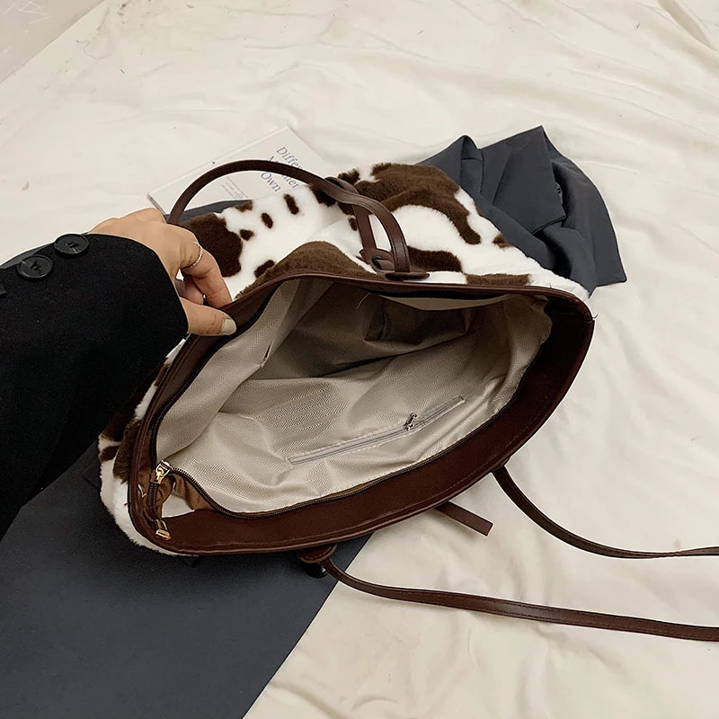 Cow Print Plush Shoulder Bag