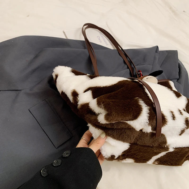 Cow Print Plush Shoulder Bag