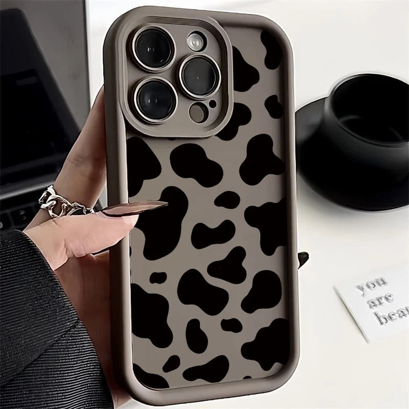 Coffee, Green and Wine Red - Silicon Cow Print Case For iPhone 16e 16 15 14 13 12 11 Pro Max Plus XR XS 8 7