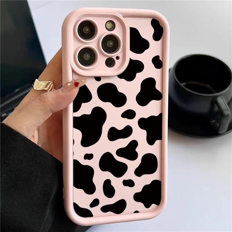 Blue and Pink Silicon Cow Print Case For iPhone 16e 16 15 14 13 12 11 Pro Max Plus XR XS 8 7
