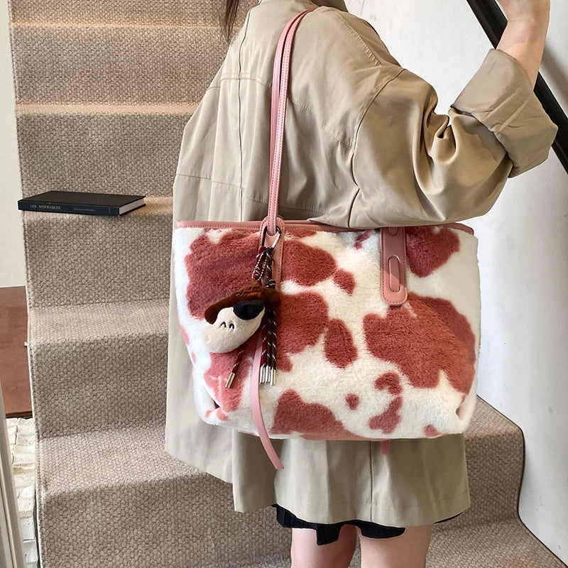 Cow Print Plush Shoulder Bag