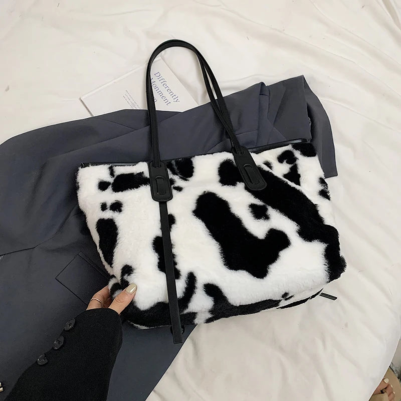 Cow Print Plush Shoulder Bag