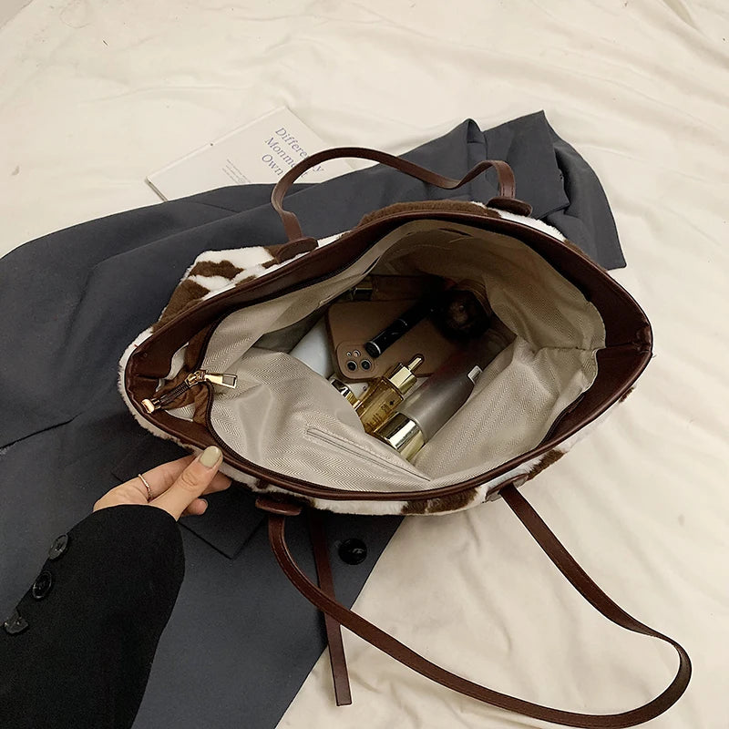 Cow Print Plush Shoulder Bag