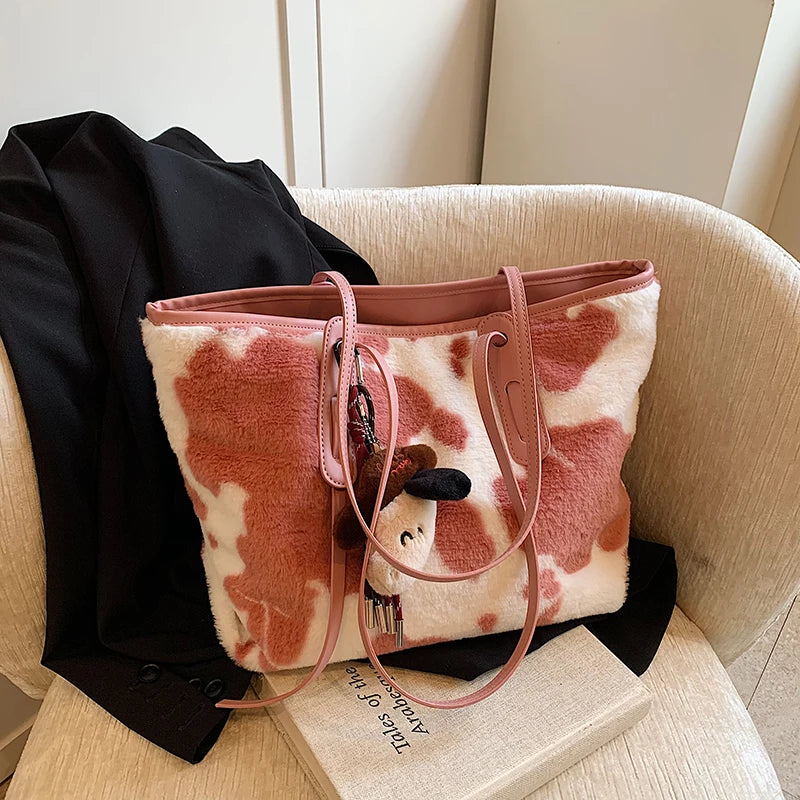 Cow Print Plush Shoulder Bag