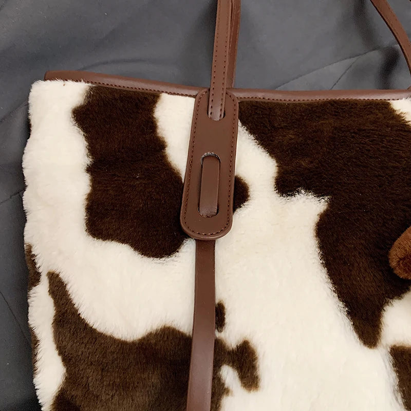 Cow Print Plush Shoulder Bag
