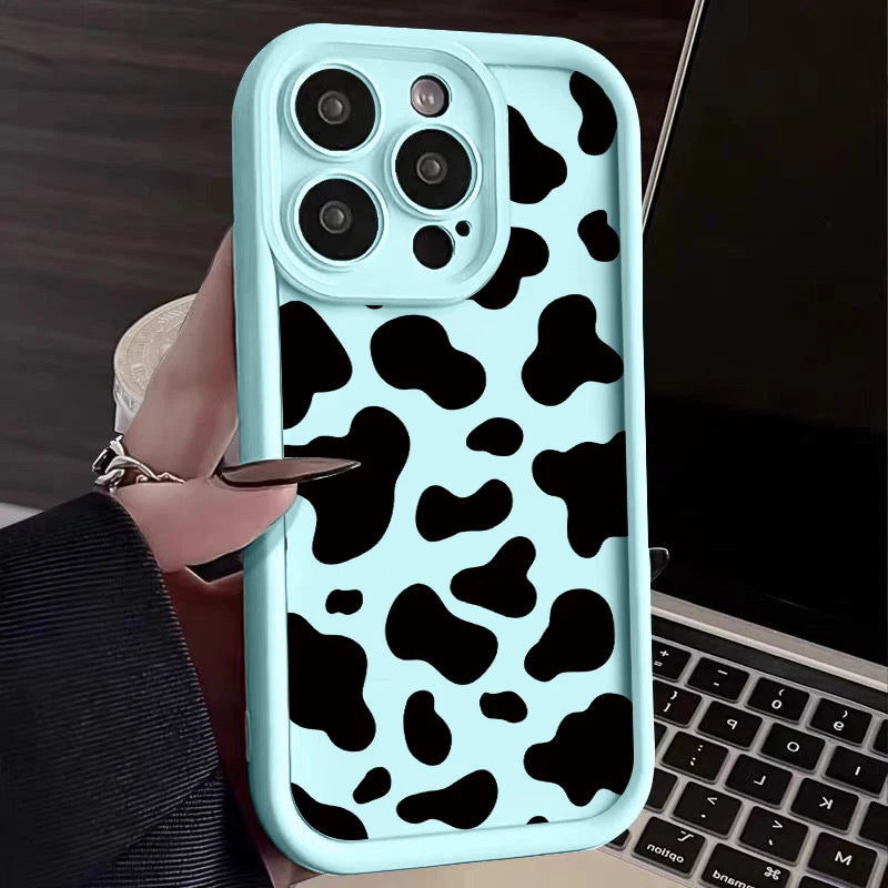 Blue and Pink Silicon Cow Print Case For iPhone 16e 16 15 14 13 12 11 Pro Max Plus XR XS 8 7
