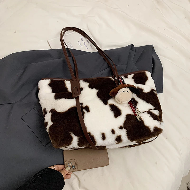 Cow Print Plush Shoulder Bag