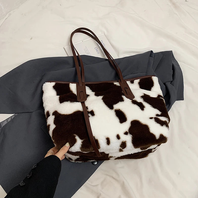 Cow Print Plush Shoulder Bag