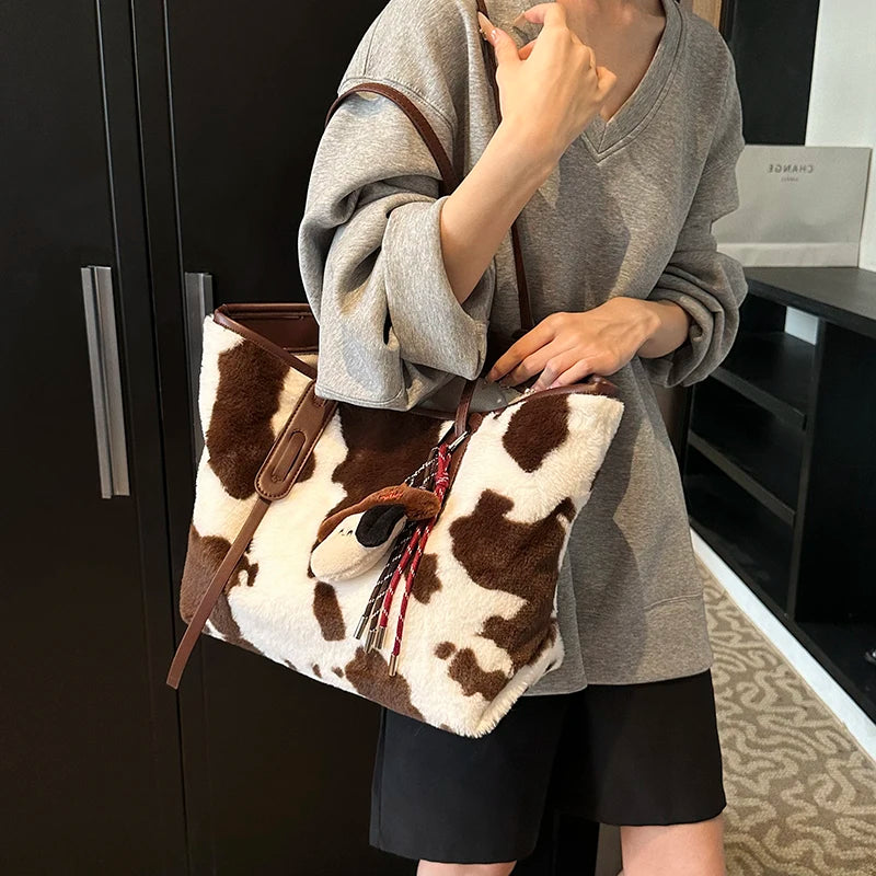 Cow Print Plush Shoulder Bag