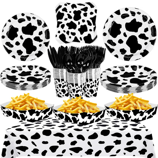 Cow Print Party Supplies Tableware Plates Cups Napkins Tablecloth for Farm Animal Cow Print Themed Birthday Party DIY Decoration
