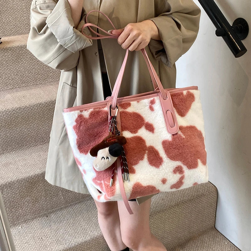 Cow Print Plush Shoulder Bag