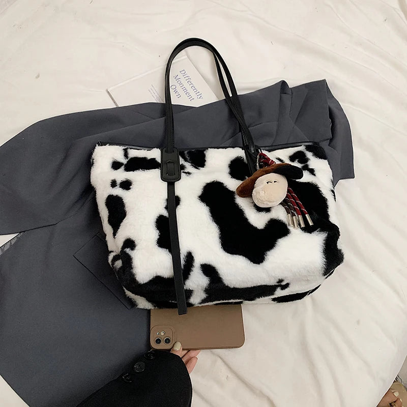 Cow Print Plush Shoulder Bag