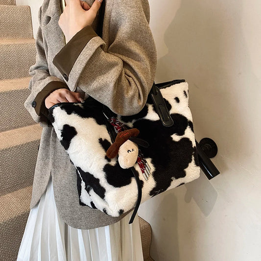 Cow Print Plush Shoulder Bag