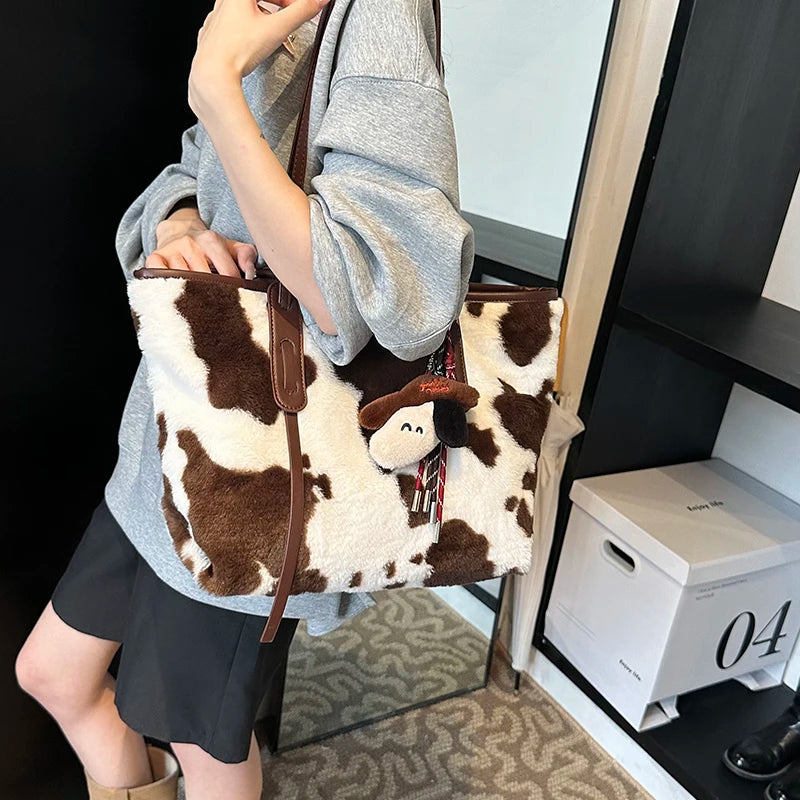 Cow Print Plush Shoulder Bag