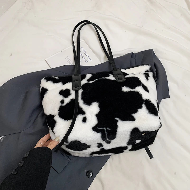 Cow Print Plush Shoulder Bag