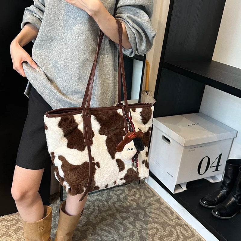 Cow Print Plush Shoulder Bag