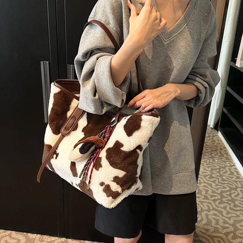 Cow Print Plush Shoulder Bag