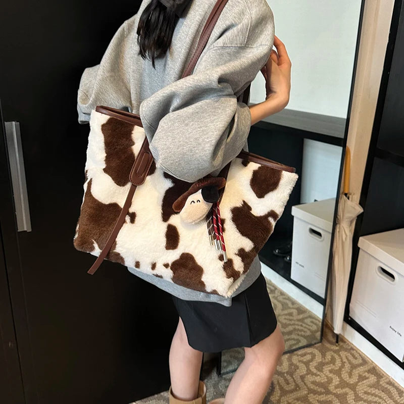 Cow Print Plush Shoulder Bag