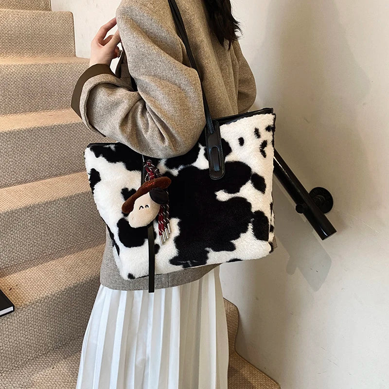 Cow Print Plush Shoulder Bag