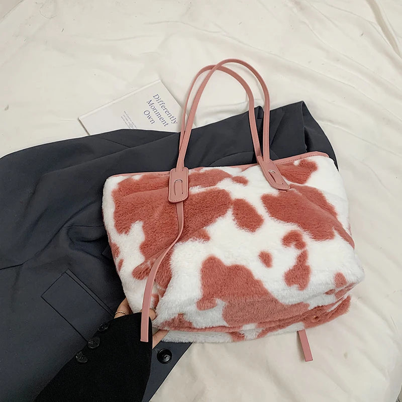 Cow Print Plush Shoulder Bag