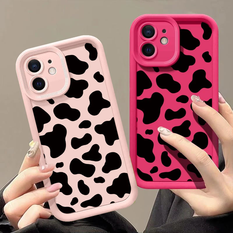Blue and Pink Silicon Cow Print Case For iPhone 16e 16 15 14 13 12 11 Pro Max Plus XR XS 8 7
