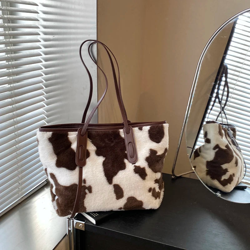 Cow Print Plush Shoulder Bag