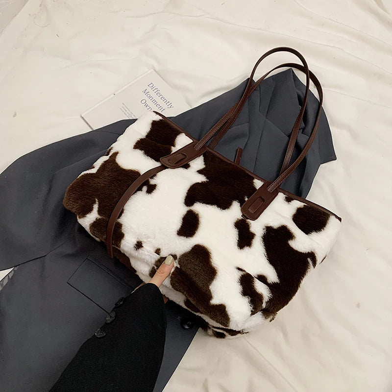 Cow Print Plush Shoulder Bag