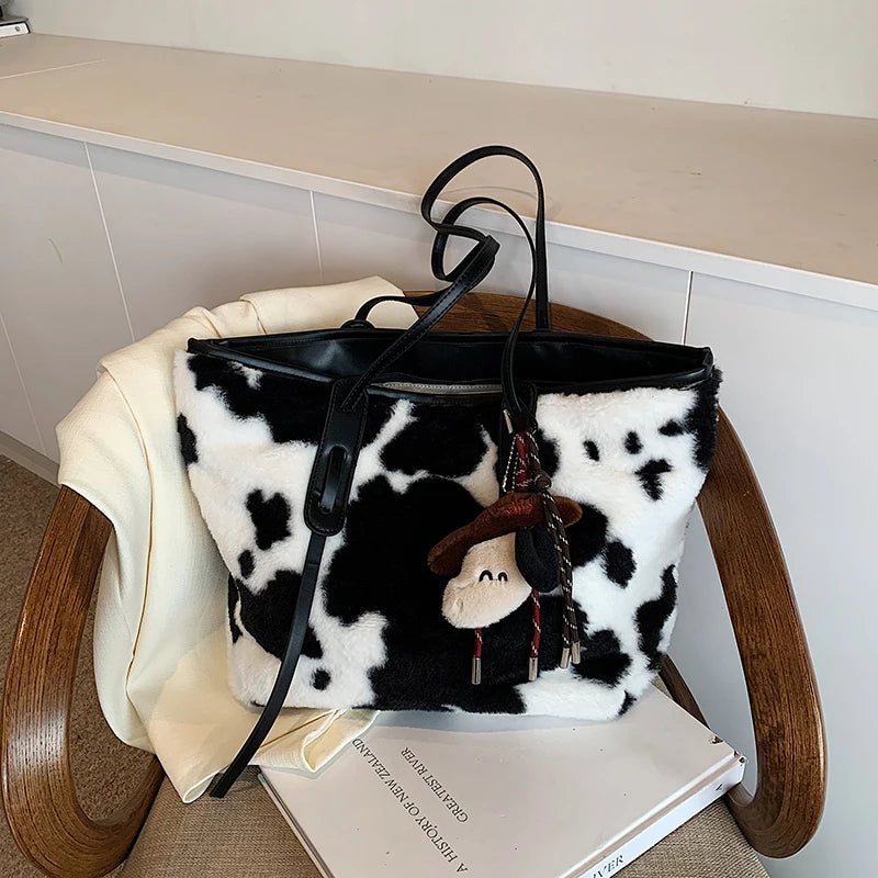 Cow Print Plush Shoulder Bag