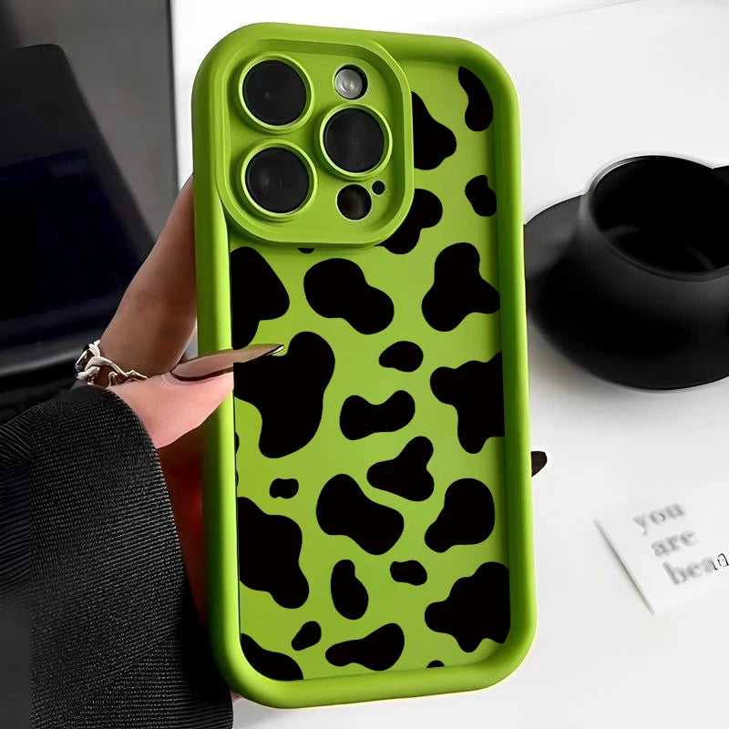 Coffee, Green and Wine Red - Silicon Cow Print Case For iPhone 16e 16 15 14 13 12 11 Pro Max Plus XR XS 8 7