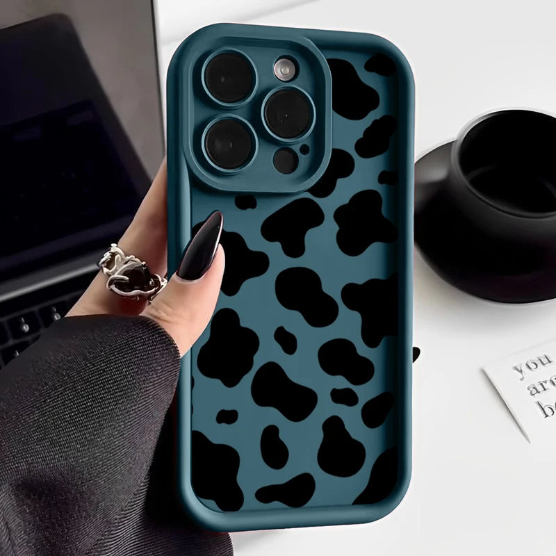 Blue and Pink Silicon Cow Print Case For iPhone 16e 16 15 14 13 12 11 Pro Max Plus XR XS 8 7